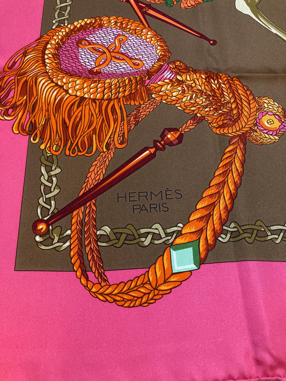Women's or Men's Hermes Le Timbalier Silk Scarf in Pink and Brown c1960s
