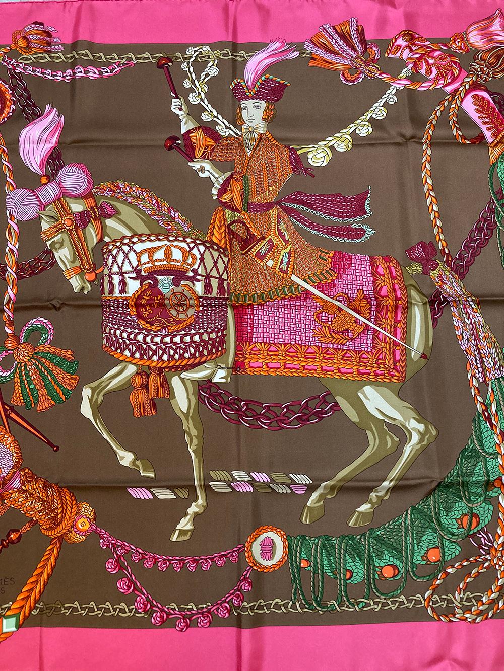 Hermes Le Timbalier Silk Scarf in Pink and Brown c1960s 1
