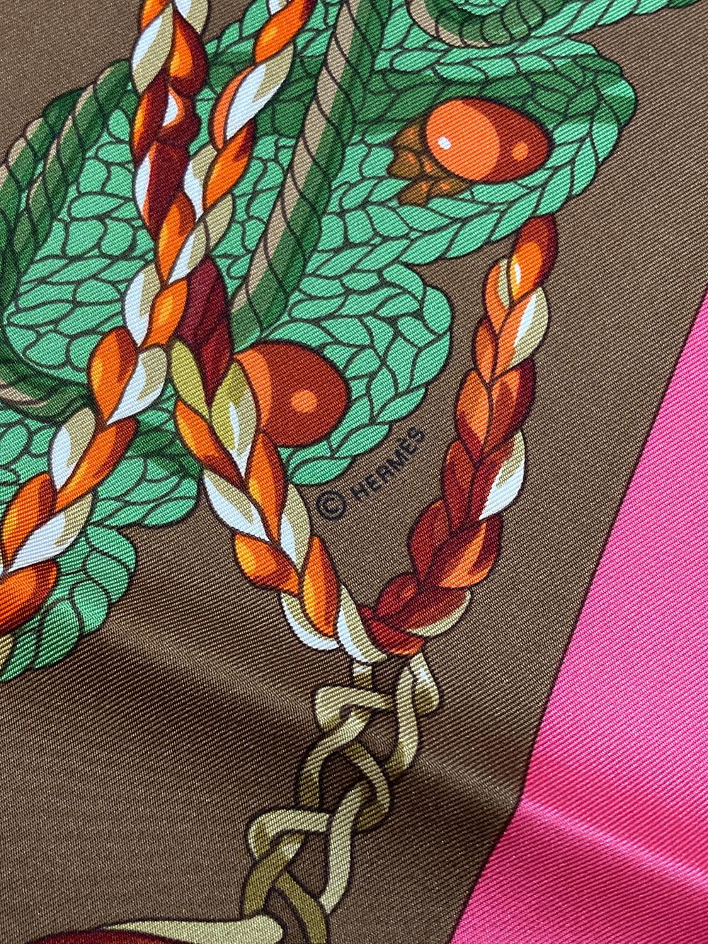 Hermes Le Timbalier Silk Scarf in Pink and Brown c1960s 2