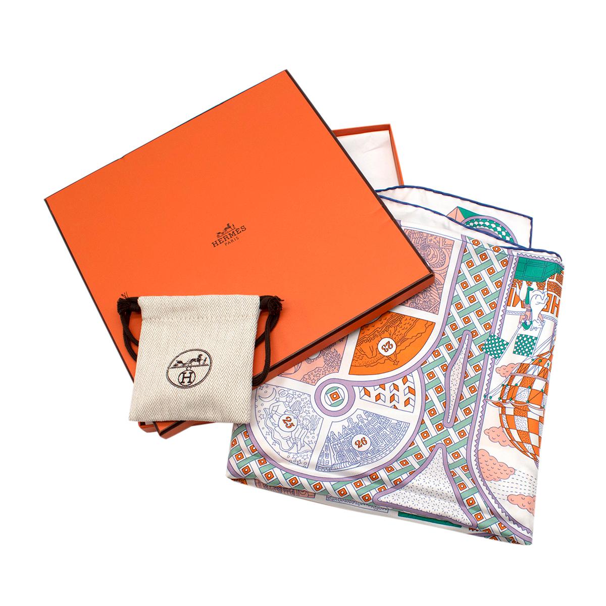 Hermes Gris Blanc Vert & Orange Le Tour Du Monde En 63 Cases Scarf 90

Taking its theme from Jules Vernes Around the World in 80 Days, this interpretation of the game of goose by Pierre Marie transports us to the four corners of the earth. From