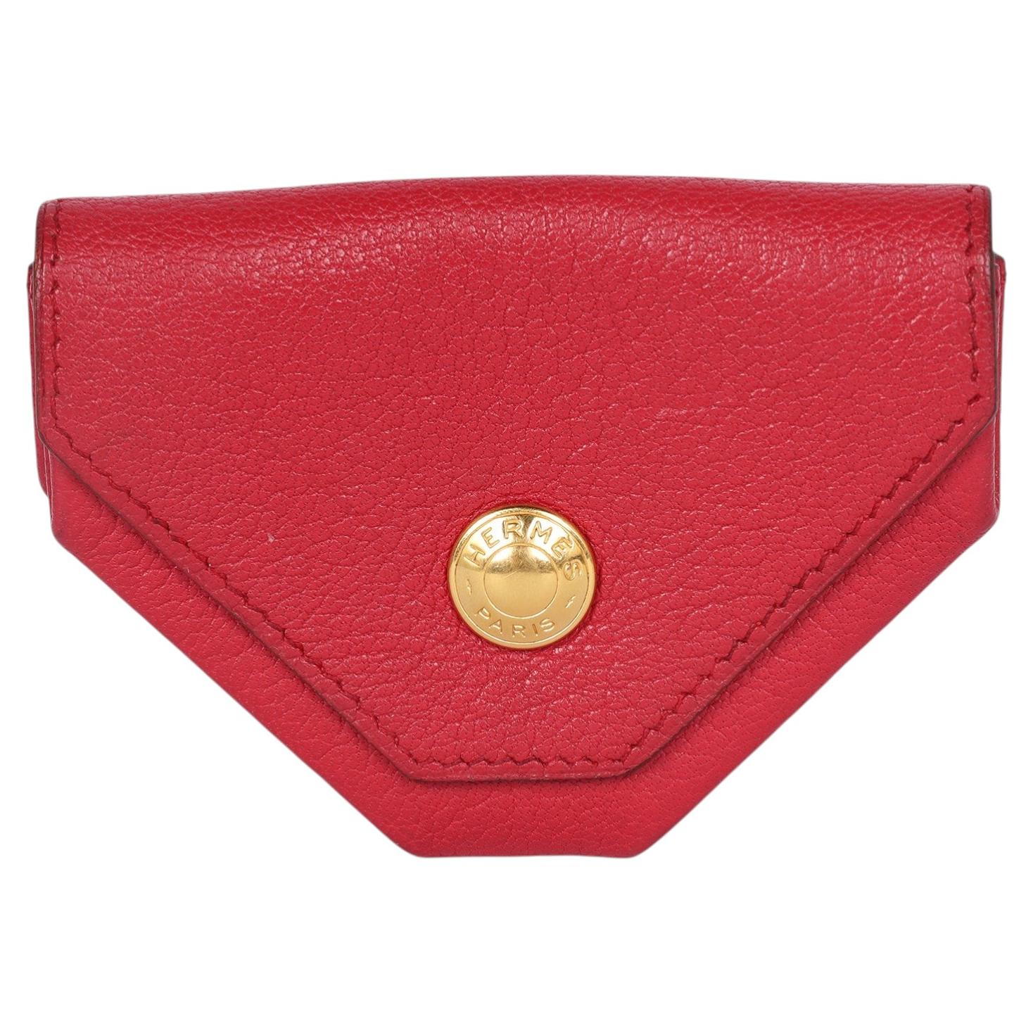 Hermès Le Van Quatre Red Leather Coin Case with Gold Hardware