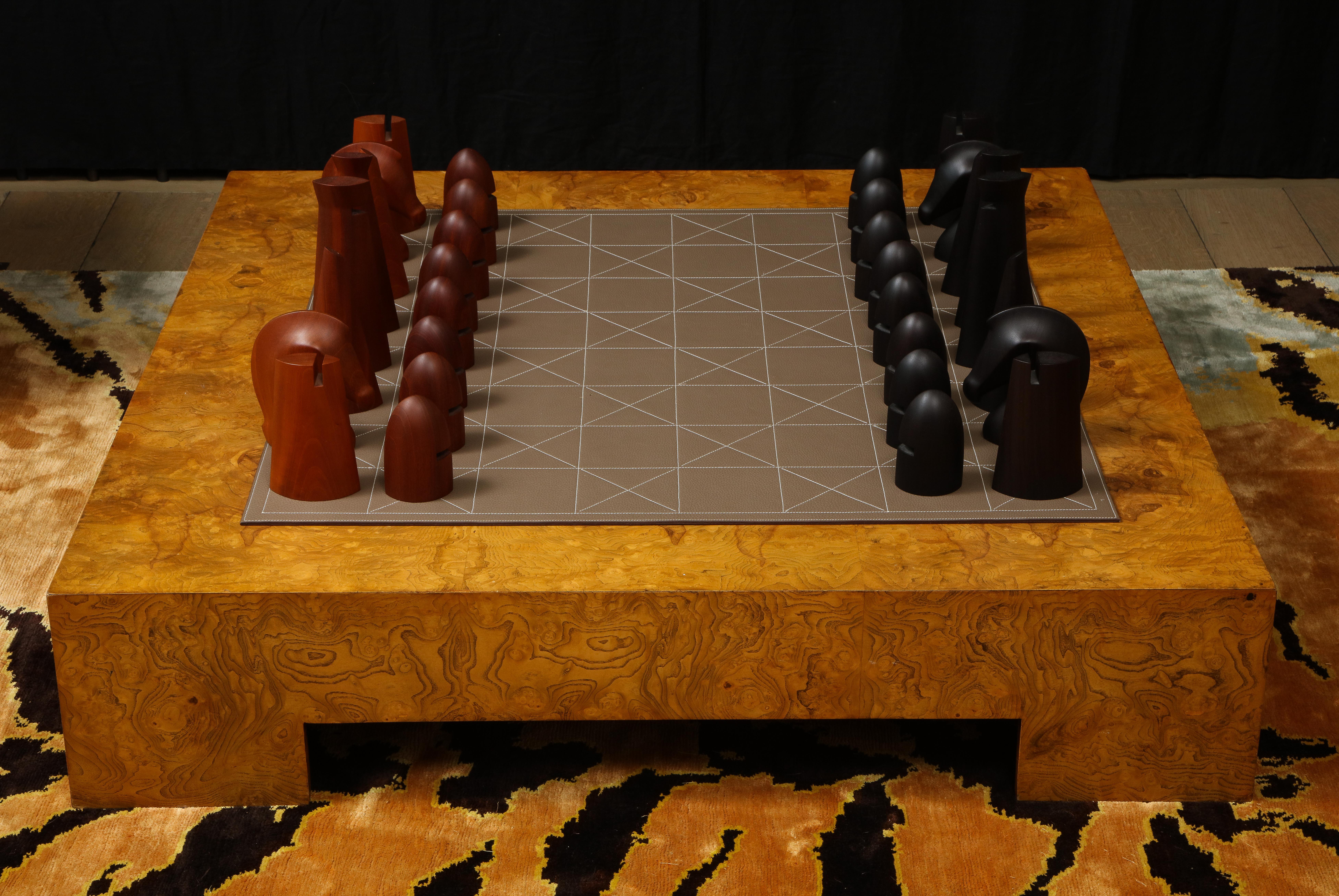 Absolutely amazing and rare Hermes chess set. No longer in production.

Sizes:
Leather is 36 inches square. Highest chess piece is 9.25 inches, pawns are 4.5 inches
For the ultimate chic chess player. Excellent vintage condition.

 