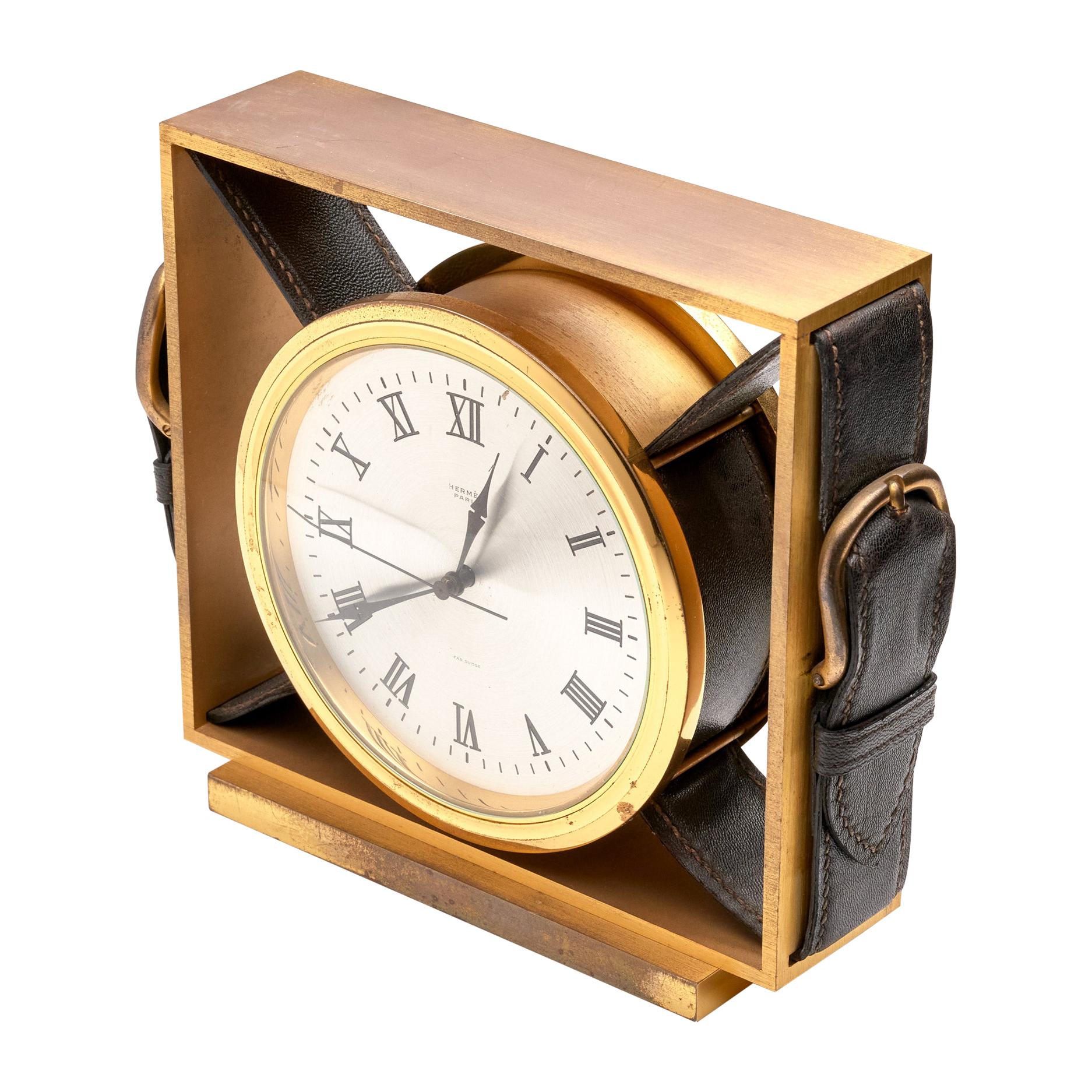 Hermes Leather Belt Buckle Clock For Sale