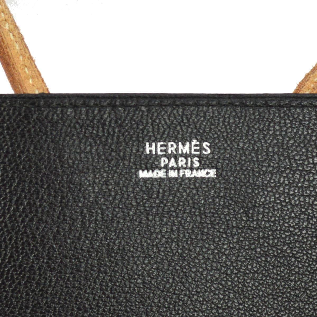 Hermes Leather Black Cognac Flat Evening Top Handle Satchel Tote Bag  2