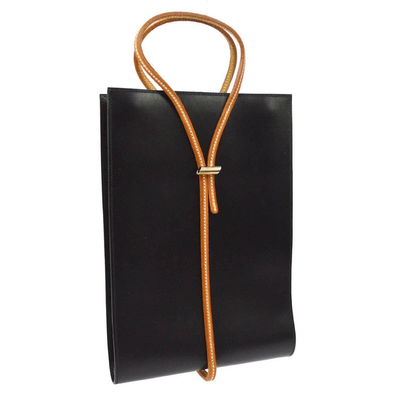 Hermes Leather Black Cognac Flat Evening Top Handle Satchel Tote Bag at