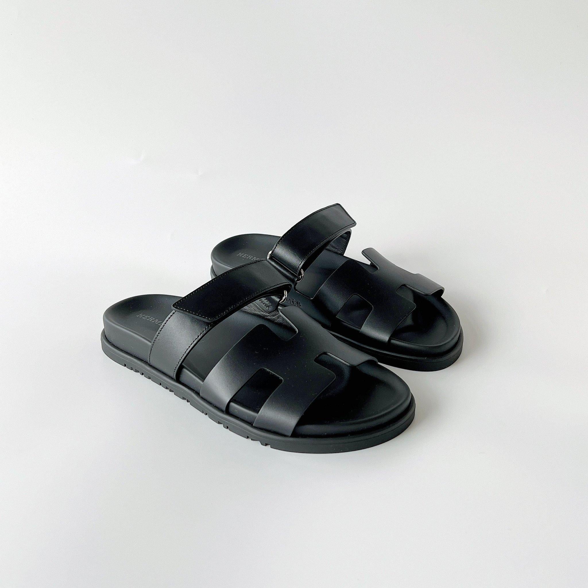 Hermes Leather Chypre Sandal Black / Noir Size 38.5 at 1stDibs