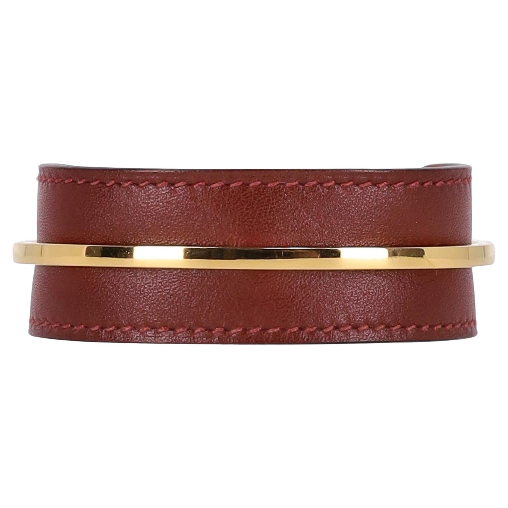 Hermes Leather & Gold Plate Open Cuff Bracelet