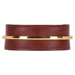 Hermes Leather & Gold Plate Open Cuff Bracelet