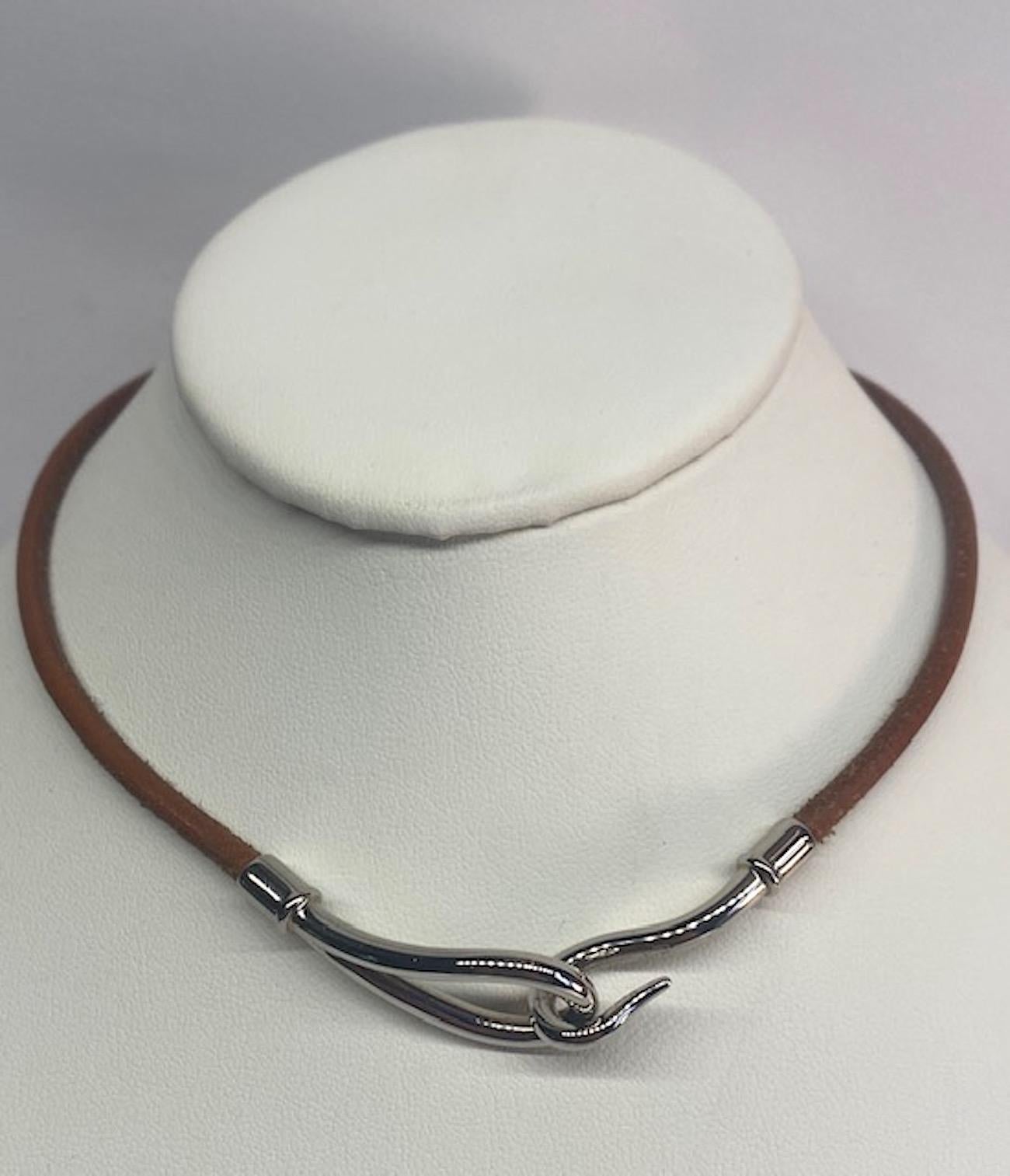 Hermes Leather & Palladium Jumbo Hook Necklace In Good Condition In New York, NY