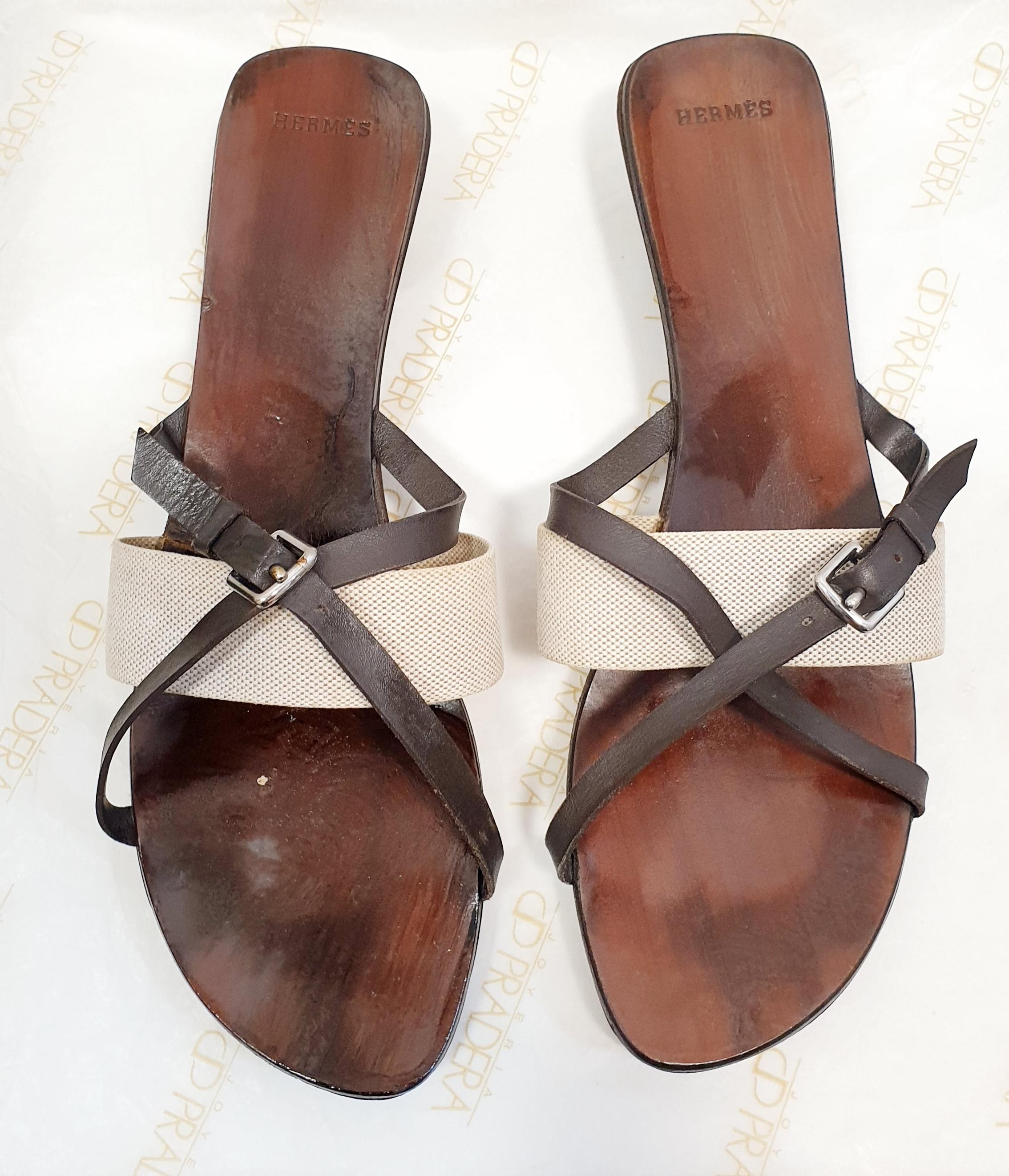 Black Hermes Ebony colored wooden slippers  strap in beige canvas and leather