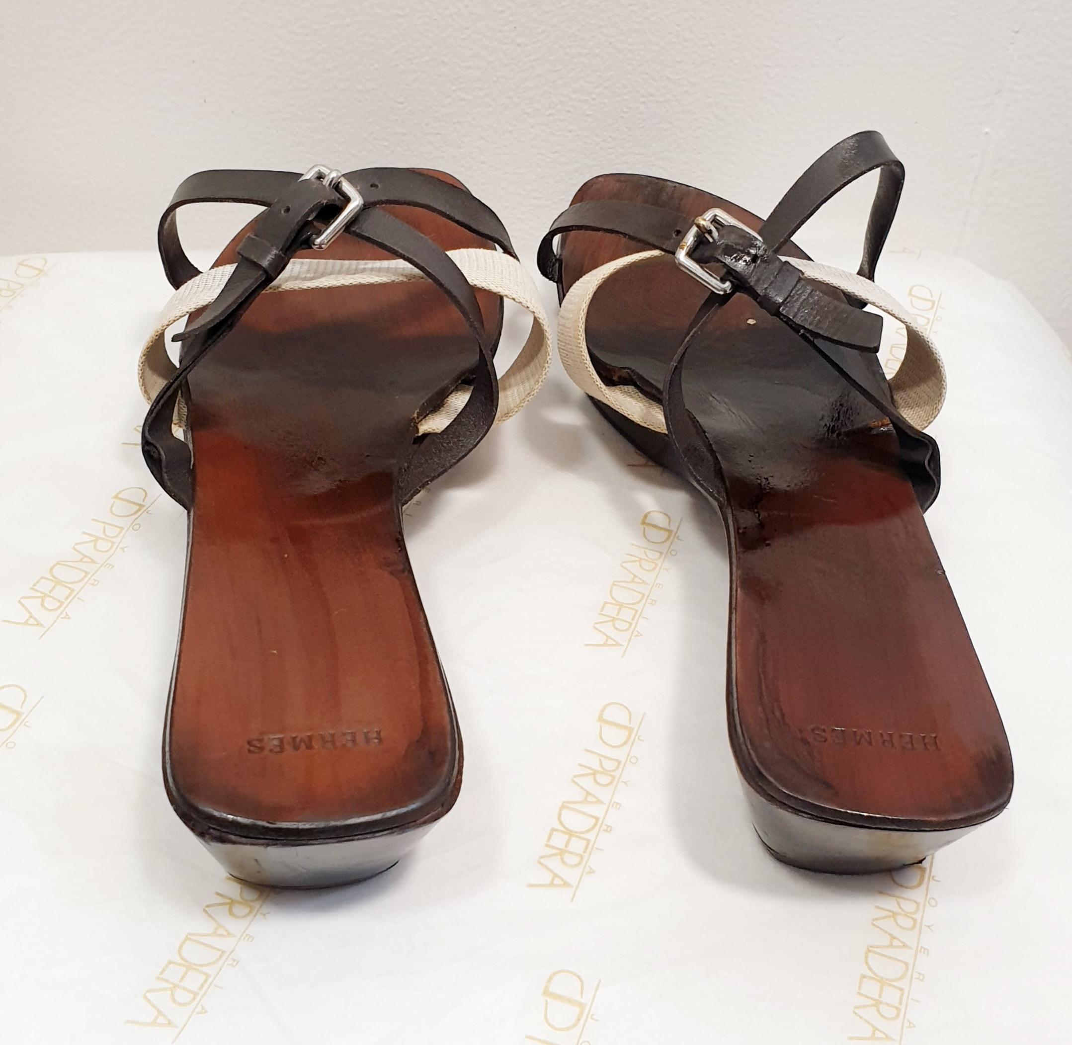 Women's Hermes Ebony colored wooden slippers  strap in beige canvas and leather