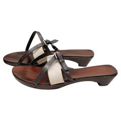 Hermes Ebony colored wooden slippers  strap in beige canvas and leather