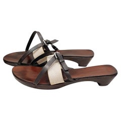 Hermes Ebony colored wooden slippers strap in beige canvas and leather