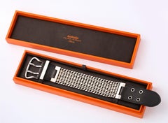 Hermes Leather Strap Sterling Silver Buckle Chain Bracelet