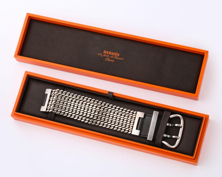 Hermes Leather Strap Sterling Silver Buckle Chain Bracelet at 1stDibs