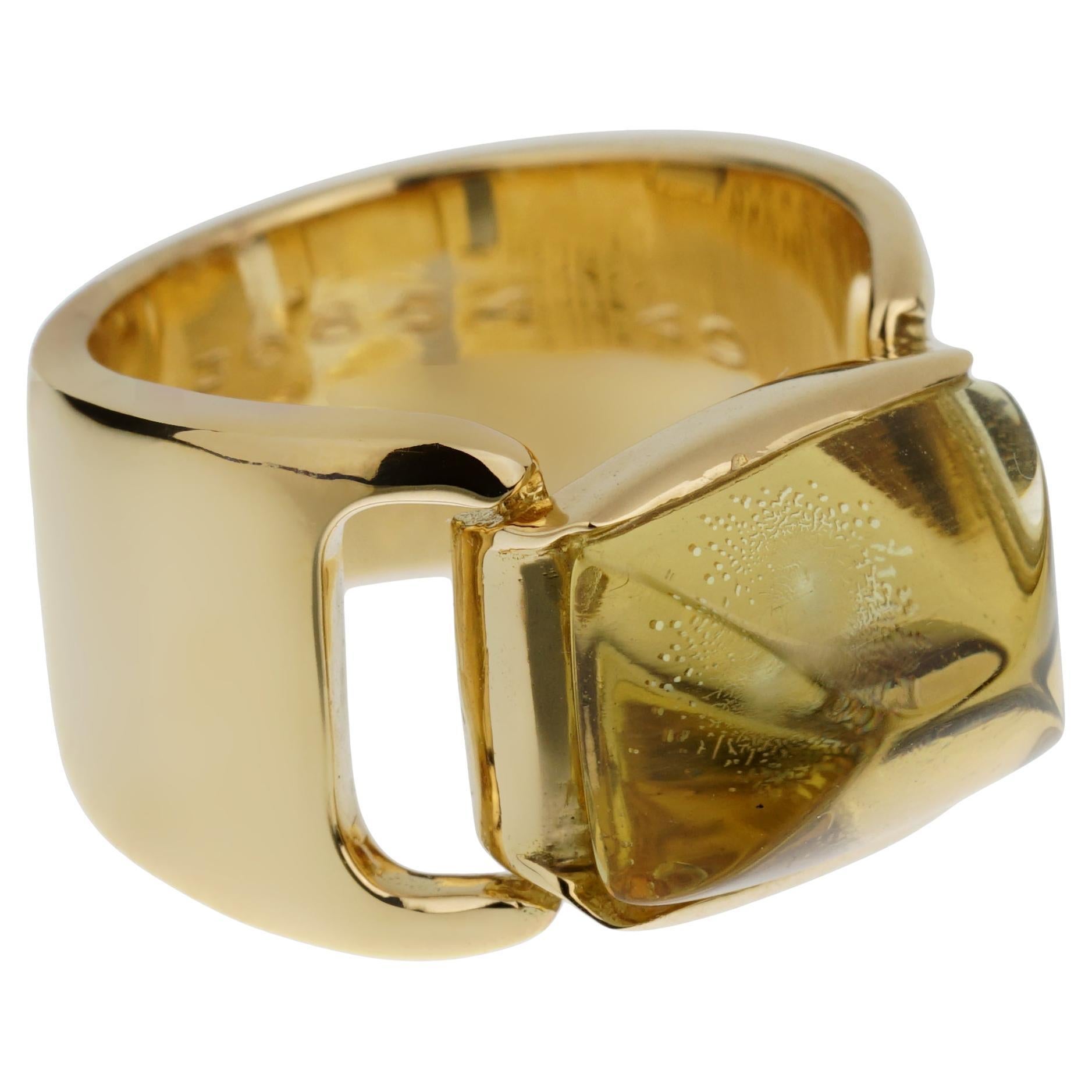 Hermes Lemon Quartz Vintage Cocktail Or Jaune 18k Sz 5 1/4 en vente