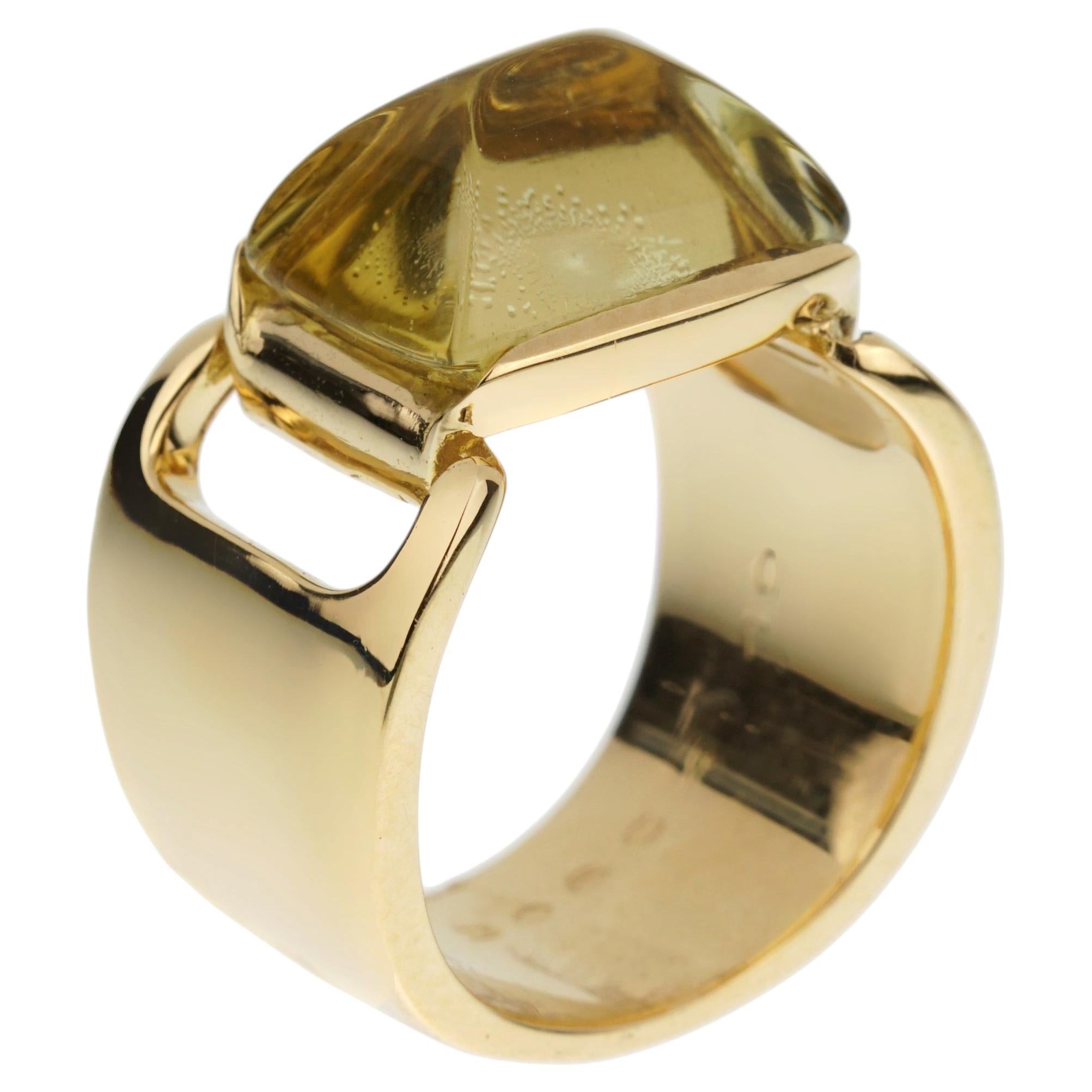 Hermes Lemon Quartz Vintage Cocktail 18k Yellow Gold Ring Sz 5 1/4