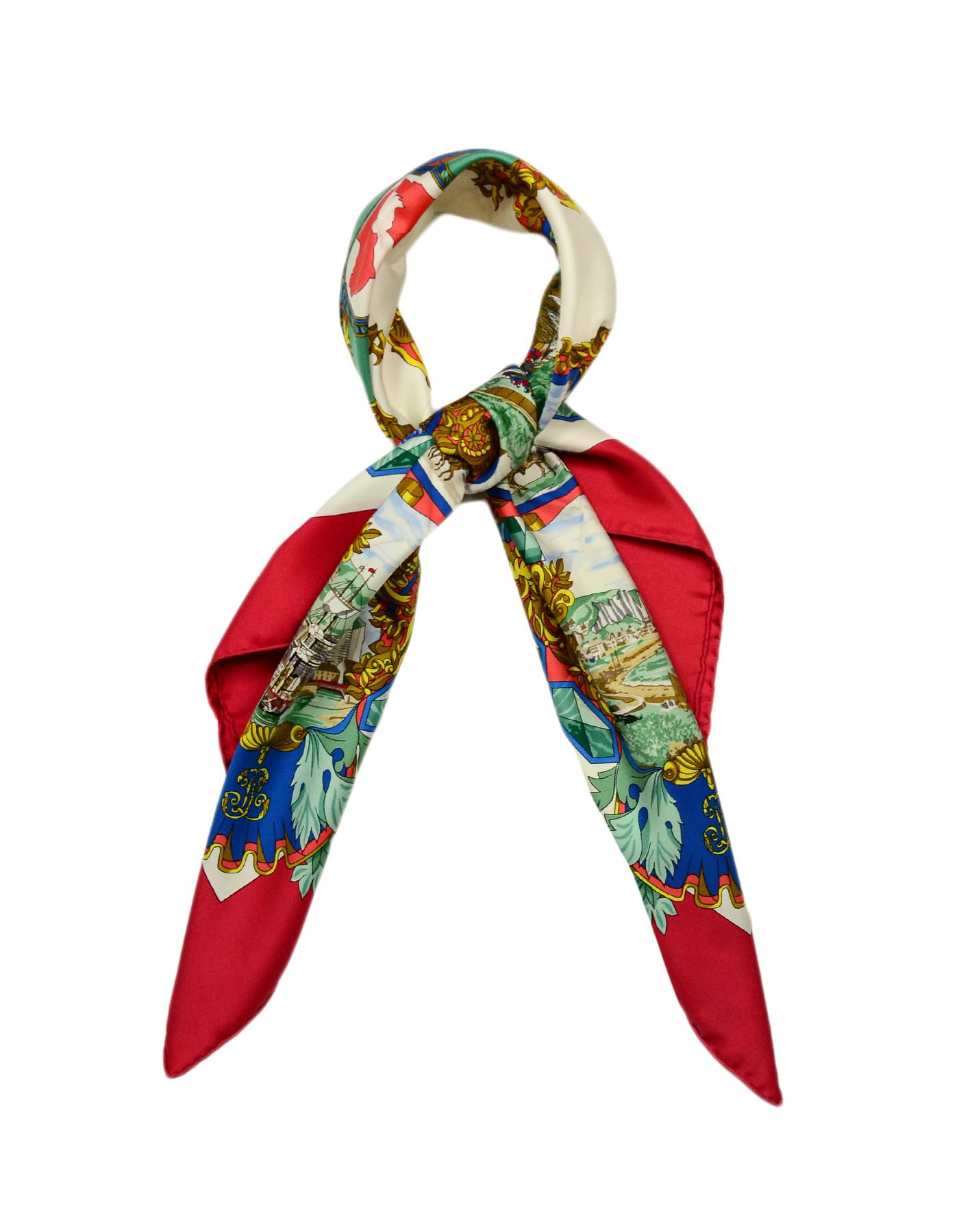 Brown Hermes L'Entente Cordiale 90cm Silk Scarf with Red Border by Loic Dubigeon