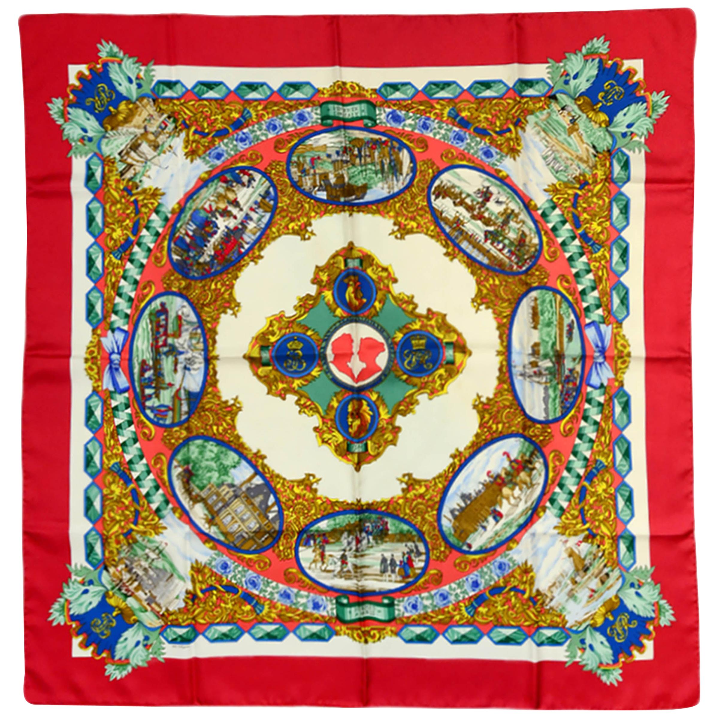 Hermes L'Entente Cordiale 90cm Silk Scarf with Red Border by Loic Dubigeon