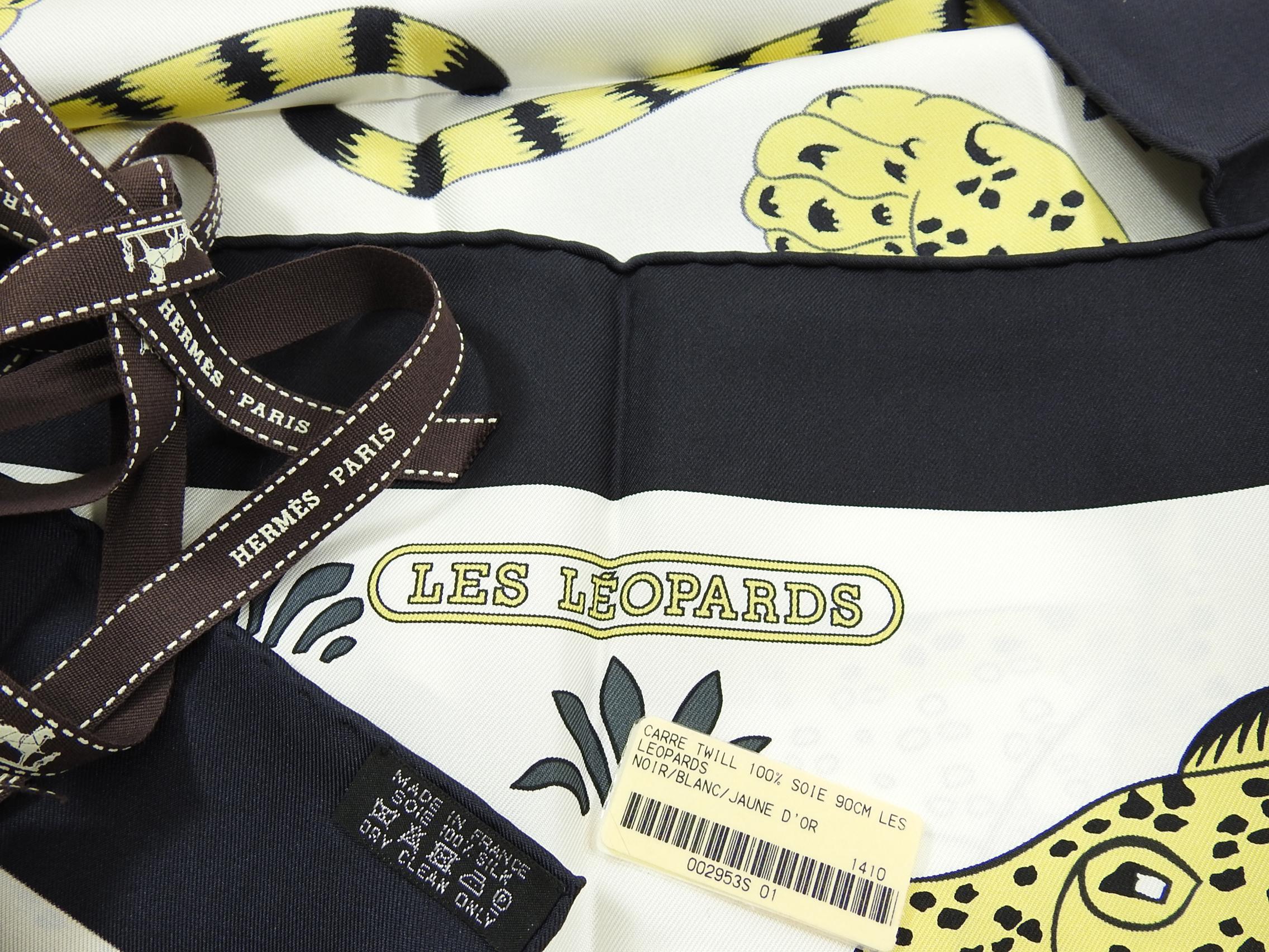 White Hermes Leopards Silk Twill 90cm Scarf in Box