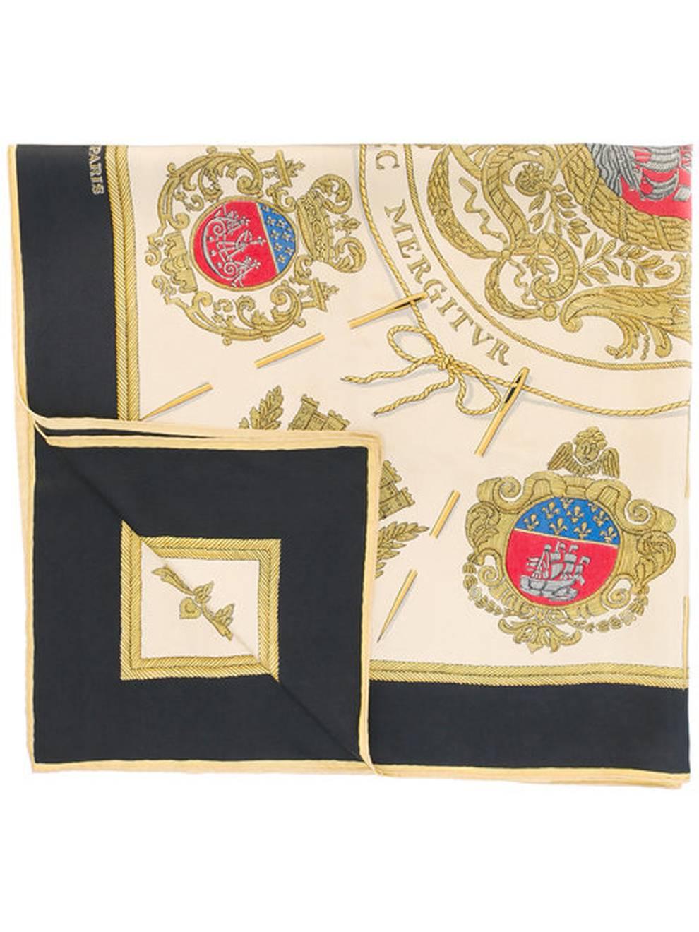 Multicoloured Hermès Les Armes De Paris silk scarf featuring a black outline and a printed regal scene.35,4in. (90cm) X 35,4in. (90cm)
In excellent vintage condition. Made in France.
We guarantee you will receive this gorgeous item as described and