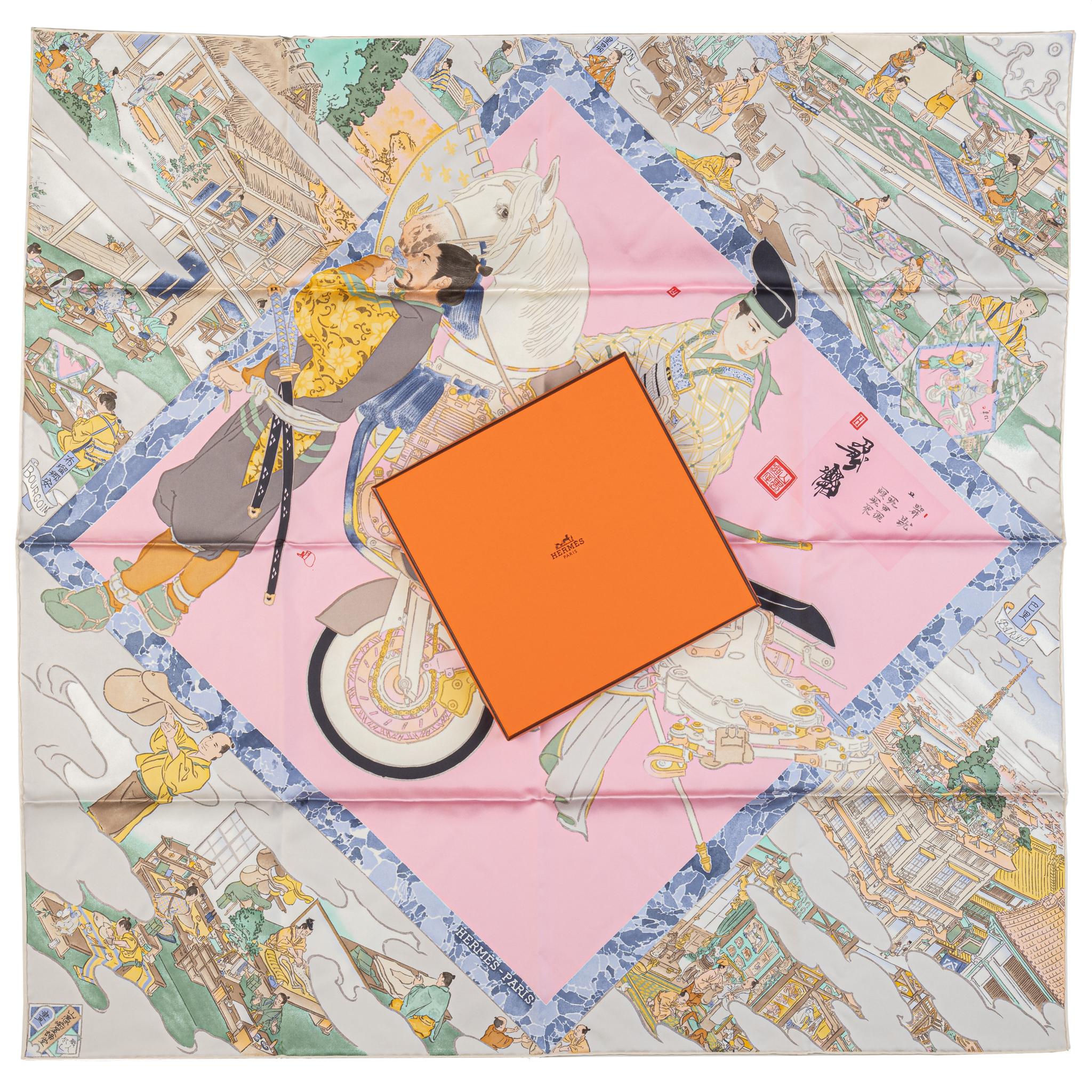 Hermès new Les Artisans D Hermès silk scarf, multicolor pastel. Hand rolled edges. Comes with original box.