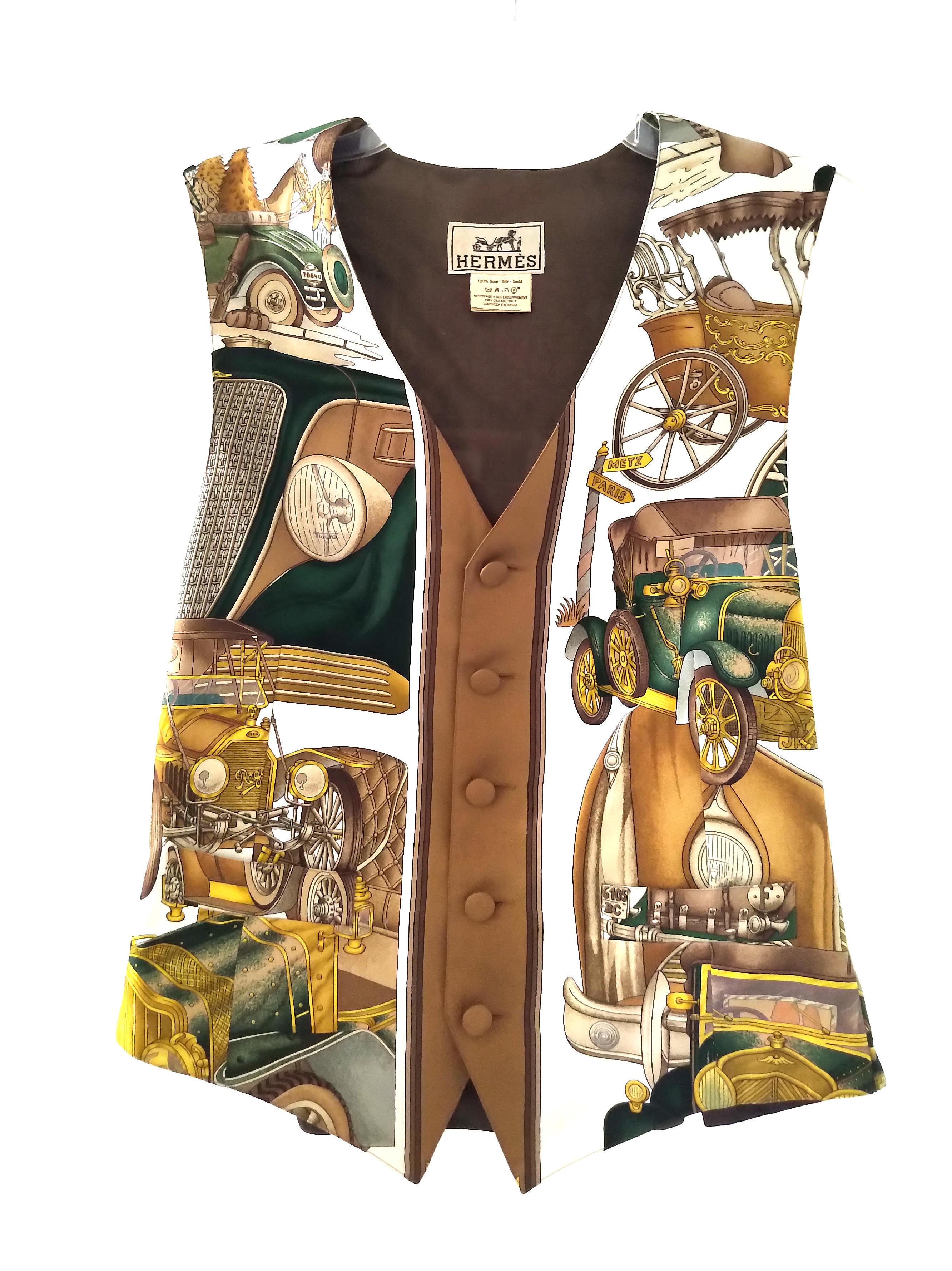 Women's Hermès Les Automobiles Great Gatsby 100% Silk Scarf Print Vest FR 38/ US 4 6 For Sale