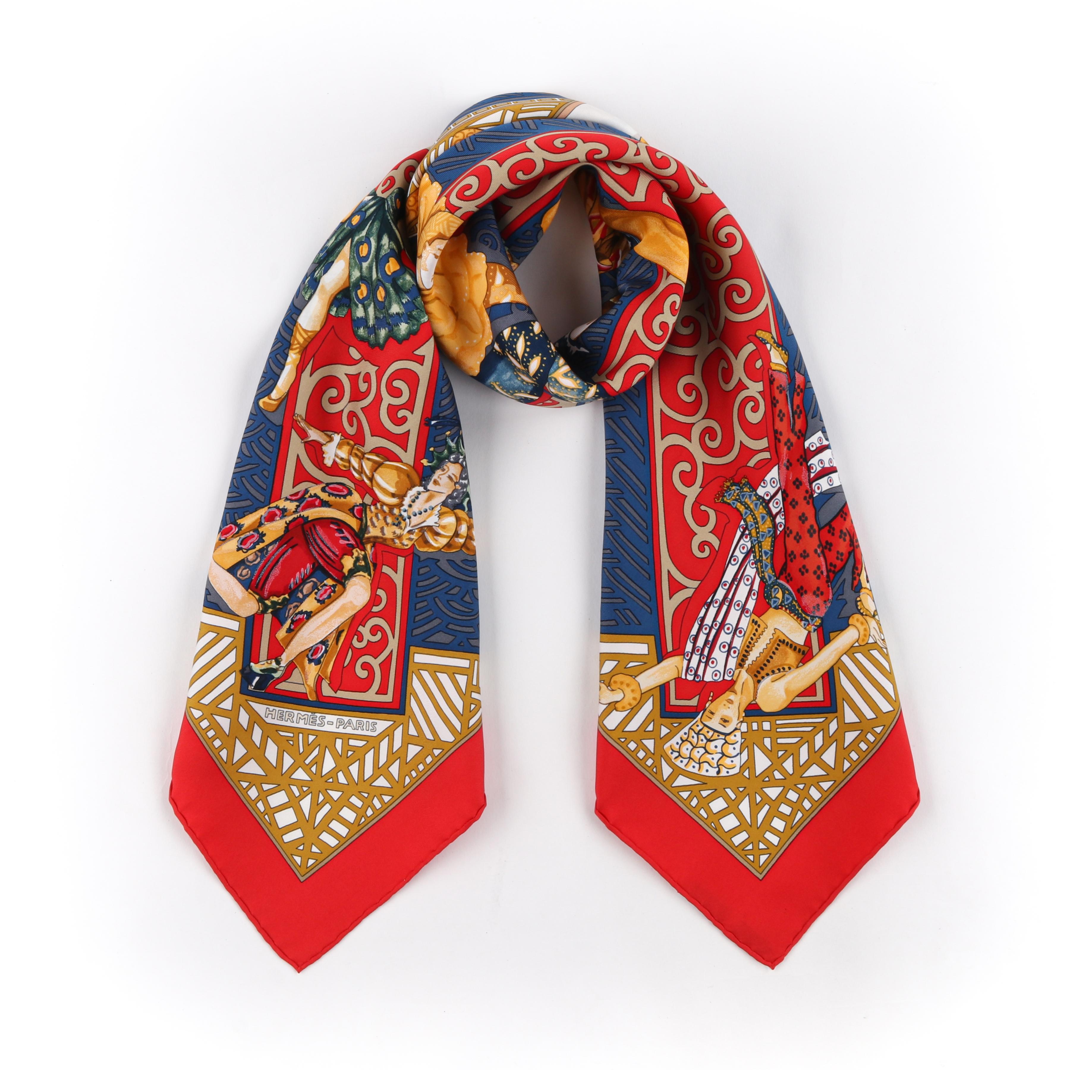 HERMES “Les Ballets Russes” Anne Faivre 1996 Red Blue Dancer Square Silk Scarf
 
Brand / Manufacturer: Hermes
Year: 1996
Manufacturer Style Name: “Les Ballets Russes” 
Style: Square Scarf
Color(s): Shades of white, red, blue, and yellow
Lined: