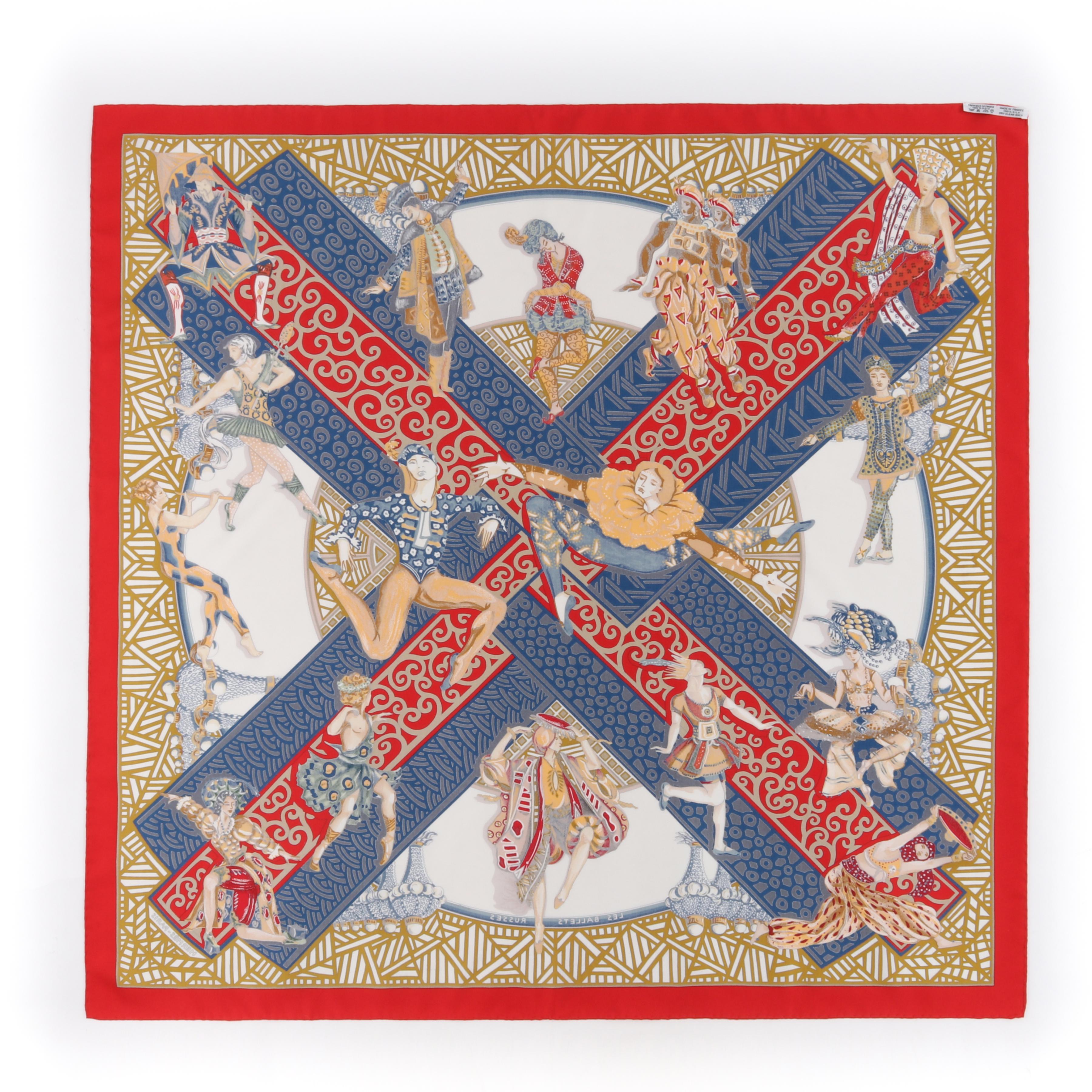 HERMES “Les Ballets Russes” Anne Faivre 1996 Red Blue Dancer Square Silk Scarf In Good Condition In Thiensville, WI