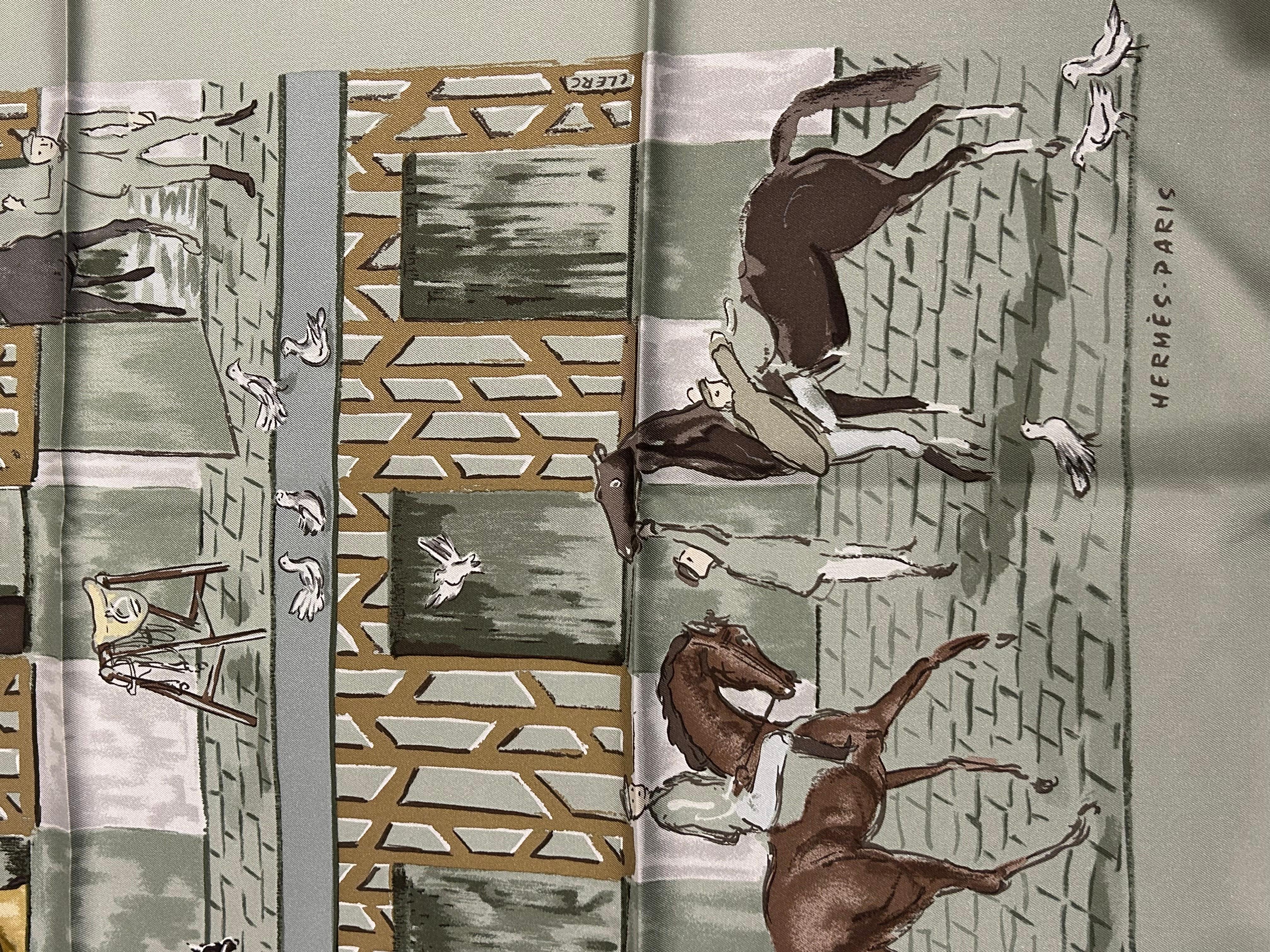 Hermes Les Boxes Silk Scarf 90 in Sage Gray 1