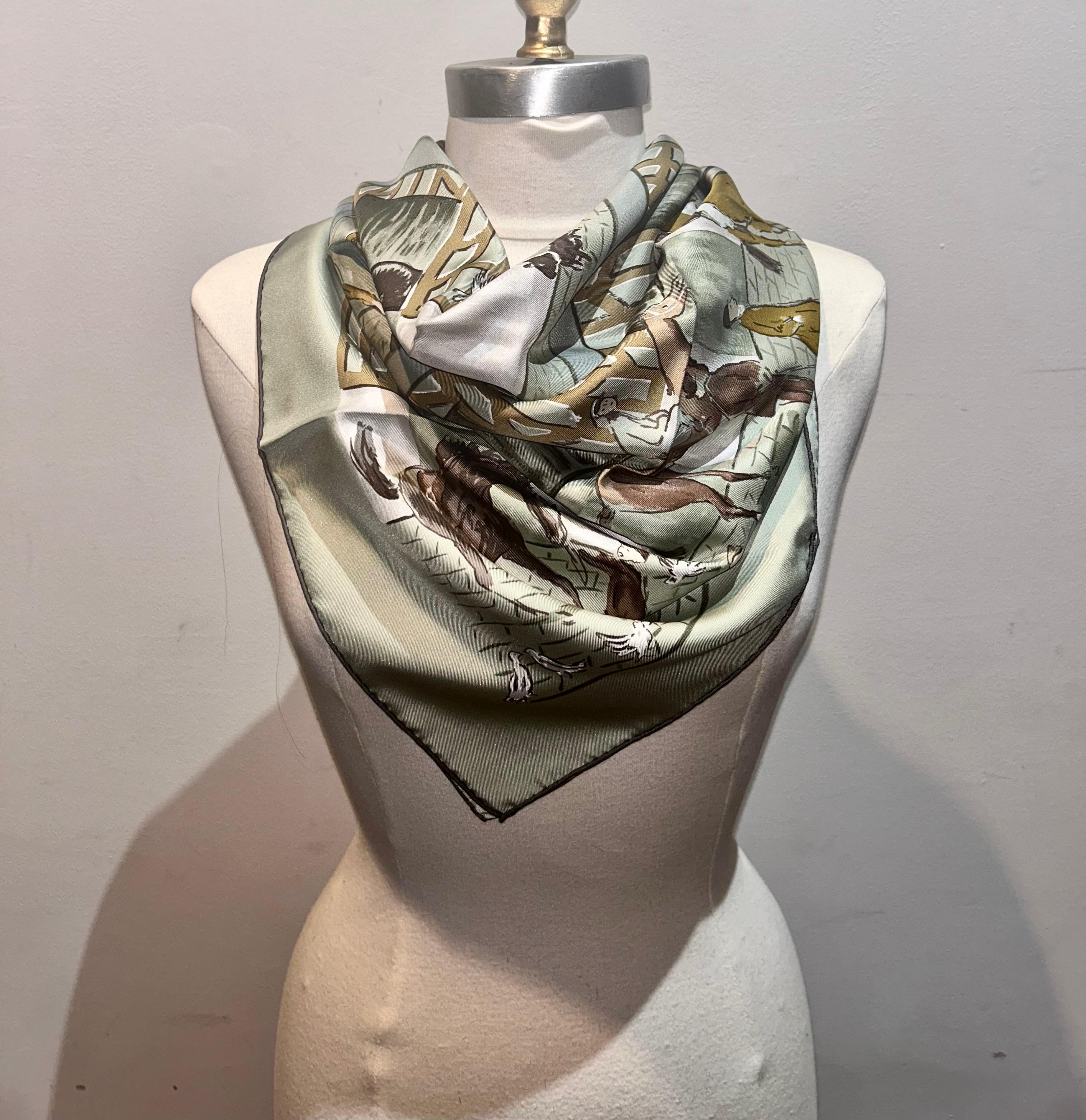 Hermes Les Boxes Silk Scarf 90 in Sage Gray  5