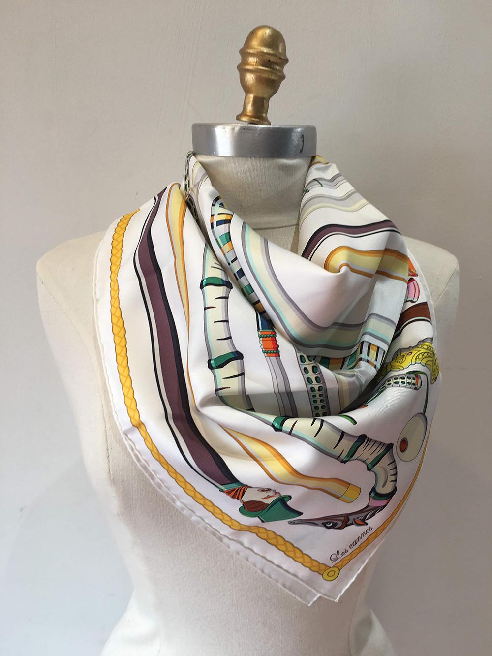 Hermes Les Cannes Silk Scarf in White  1