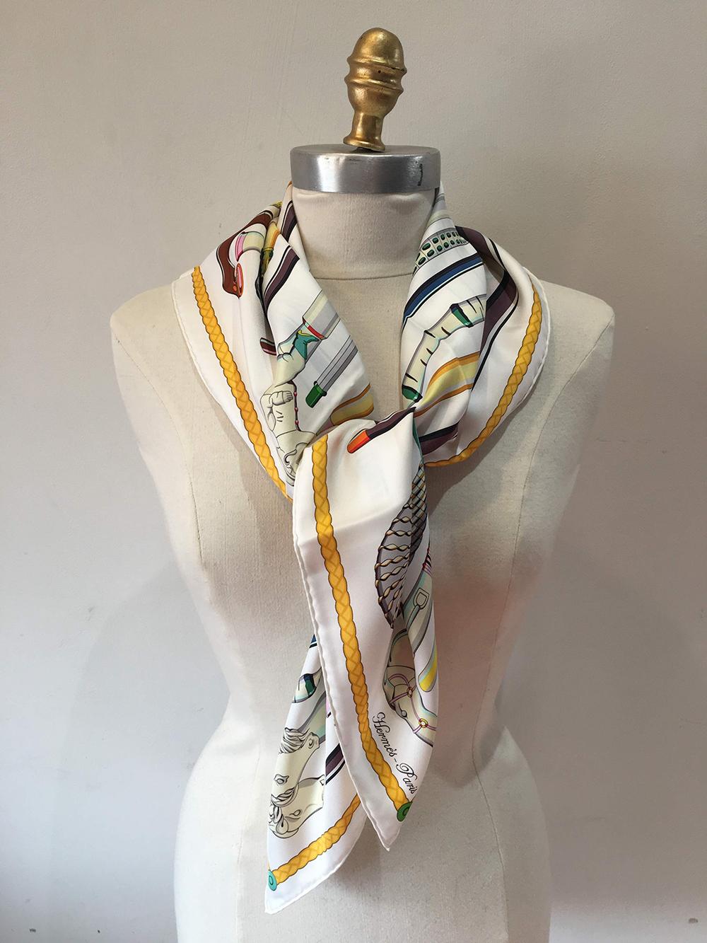 Hermes Les Cannes Silk Scarf in White  2