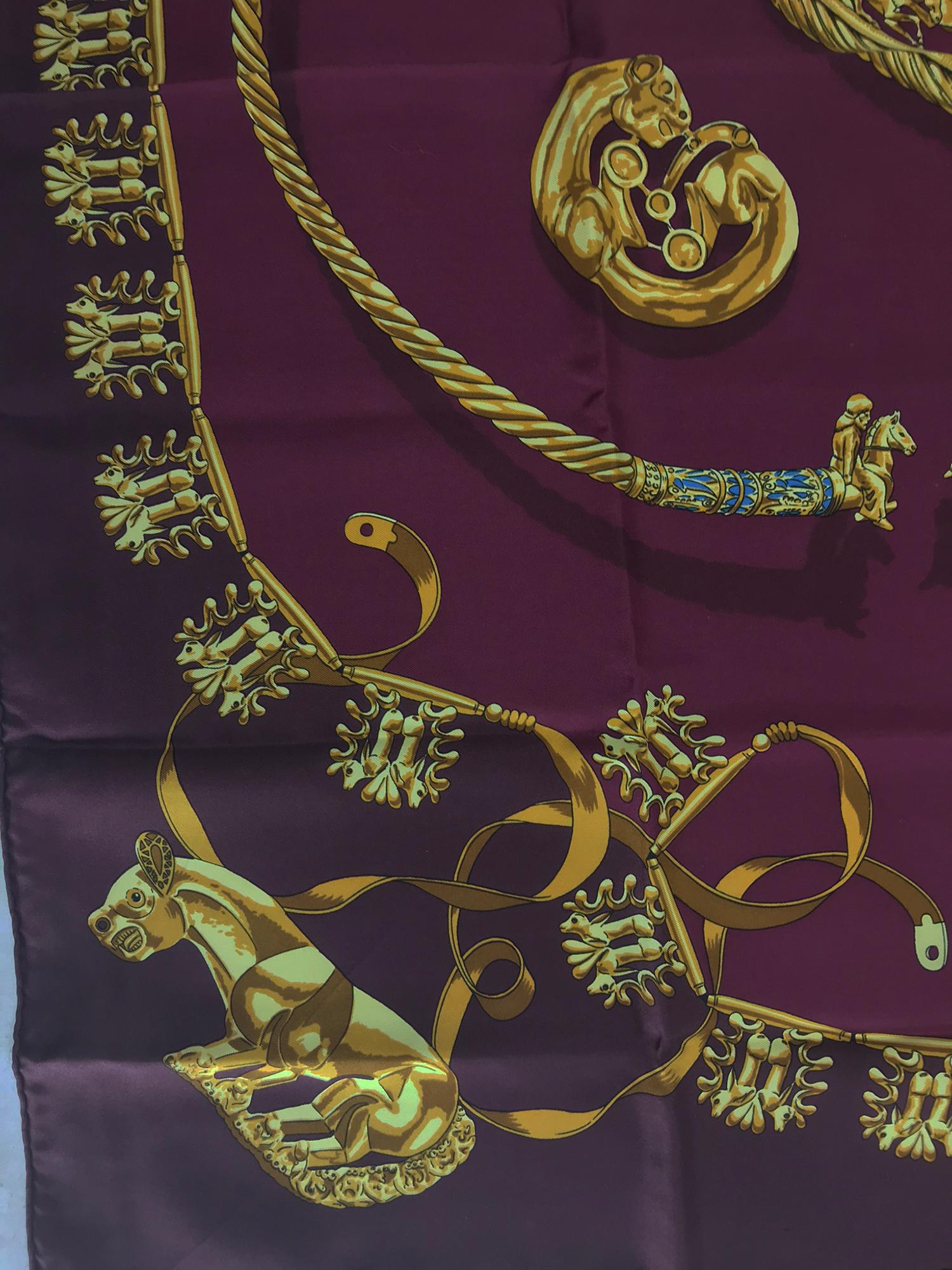 Hermes Les Cavaliers D'Or Silk Twill Scarf designed by Vladimir Rybaltchenko, signed as Rybal, 1939 - 2002, the great-nephew of Philippe Ledoux and the father of Dimitri Rybaltchenko. This scarf was first issued in 1975 and reissued many times