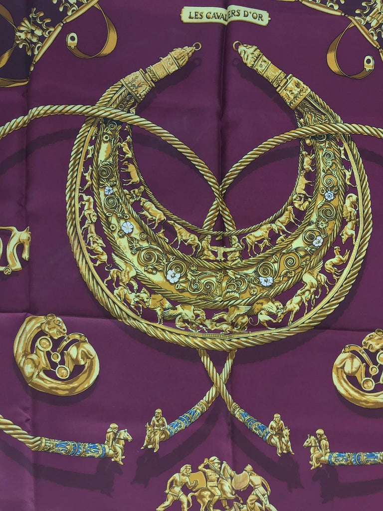 Brown Hermes Les Cavaliers D'Or Silk Twill Scarf designed by Vladimir Rybaltchenko  For Sale
