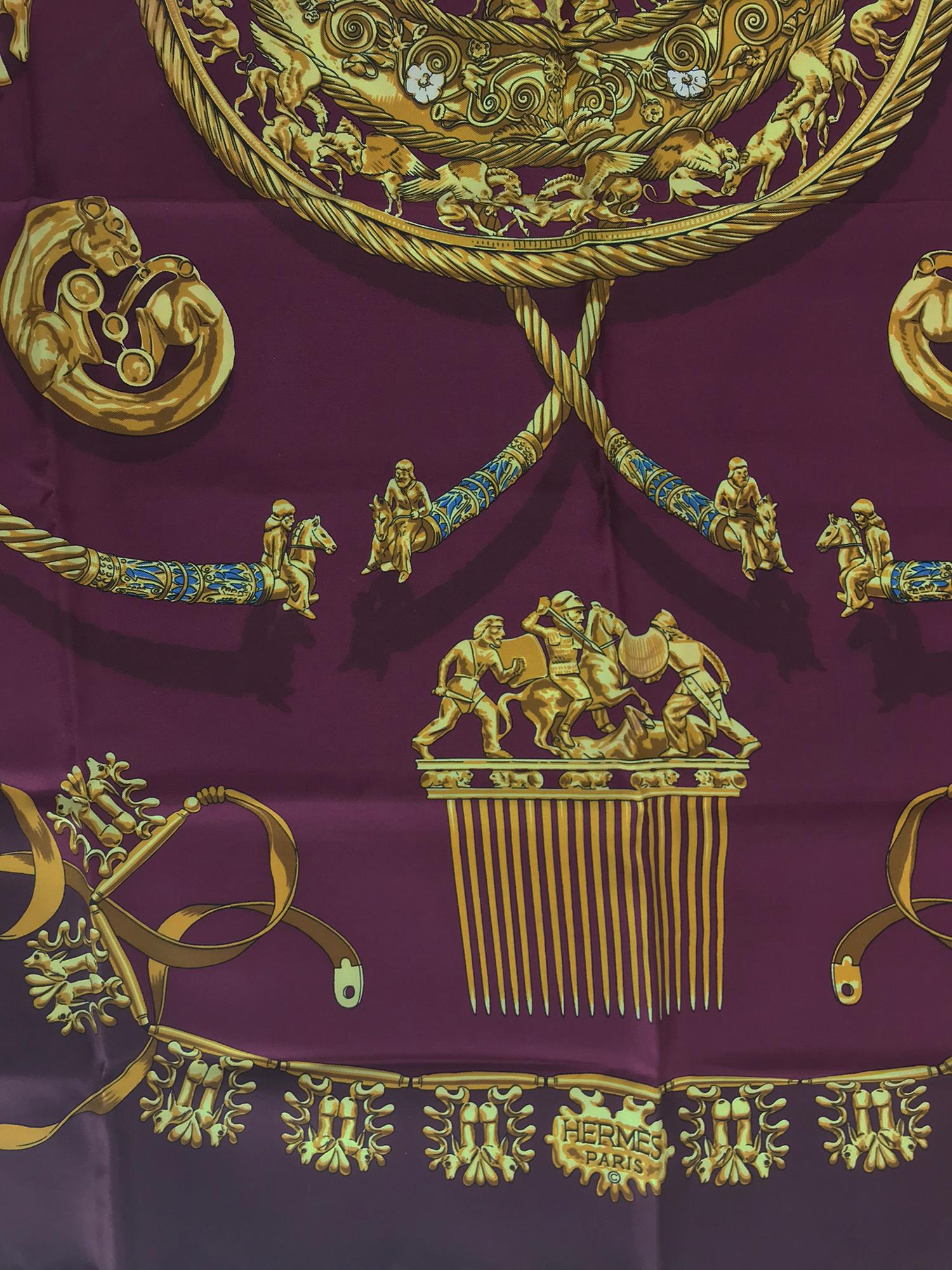 Brown Hermes Les Cavaliers D'Or Silk Twill Scarf designed by Vladimir Rybaltchenko 