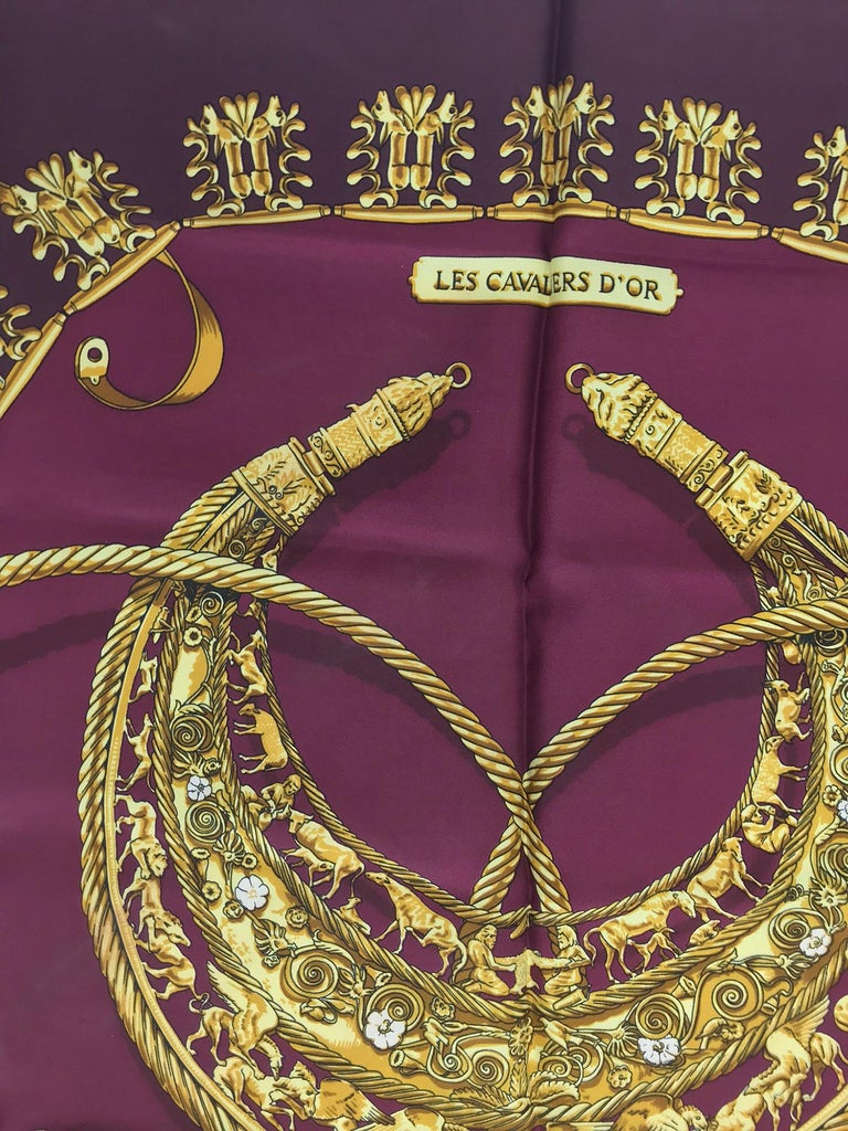 Women's or Men's Hermes Les Cavaliers D'Or Silk Twill Scarf designed by Vladimir Rybaltchenko  For Sale