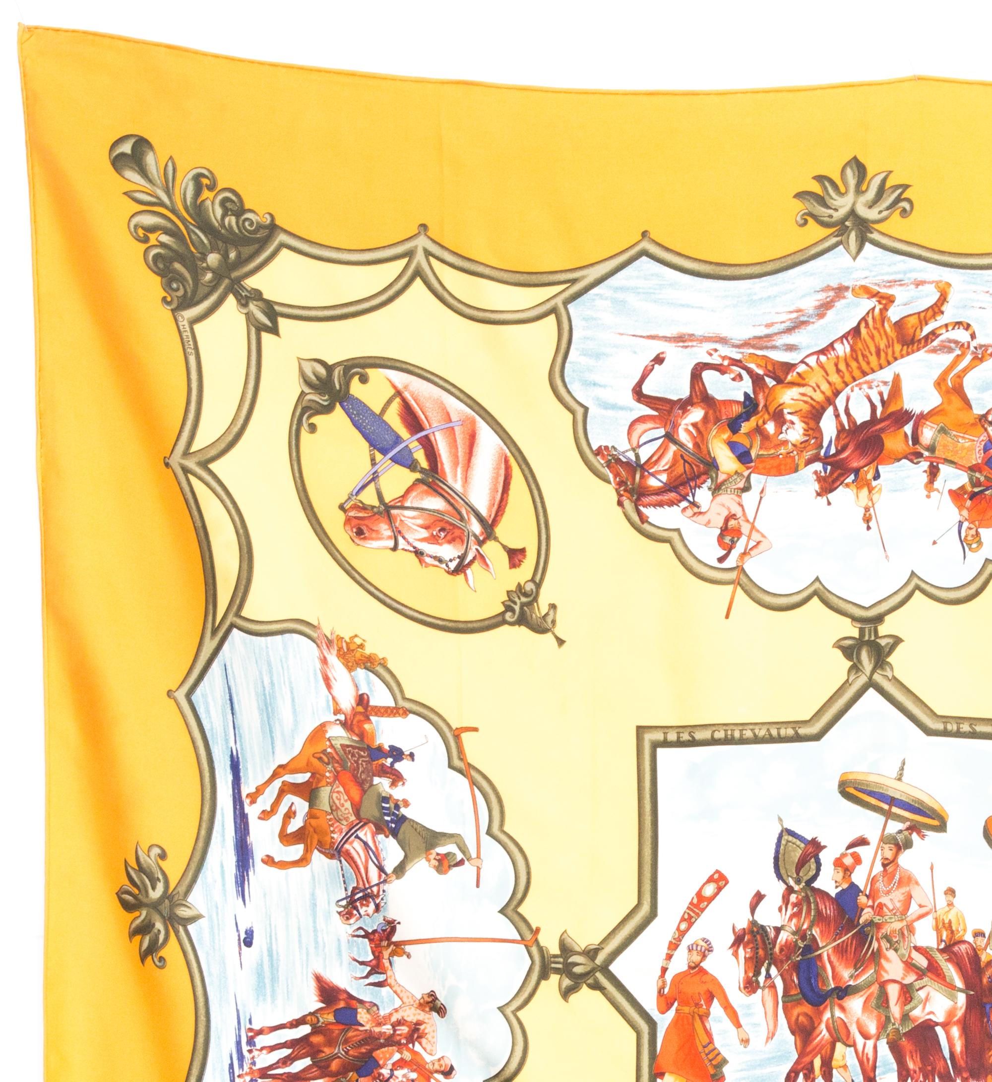 Pañuelo de seda Hermes Les Chevaux des Moghols by J. de Fougerolle Naranja en venta