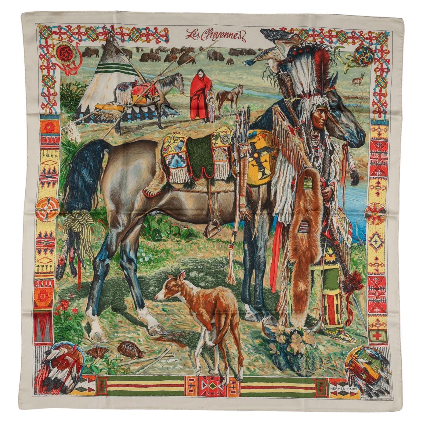 Hermès "Les Cheyennes" Cream Silk Scarf