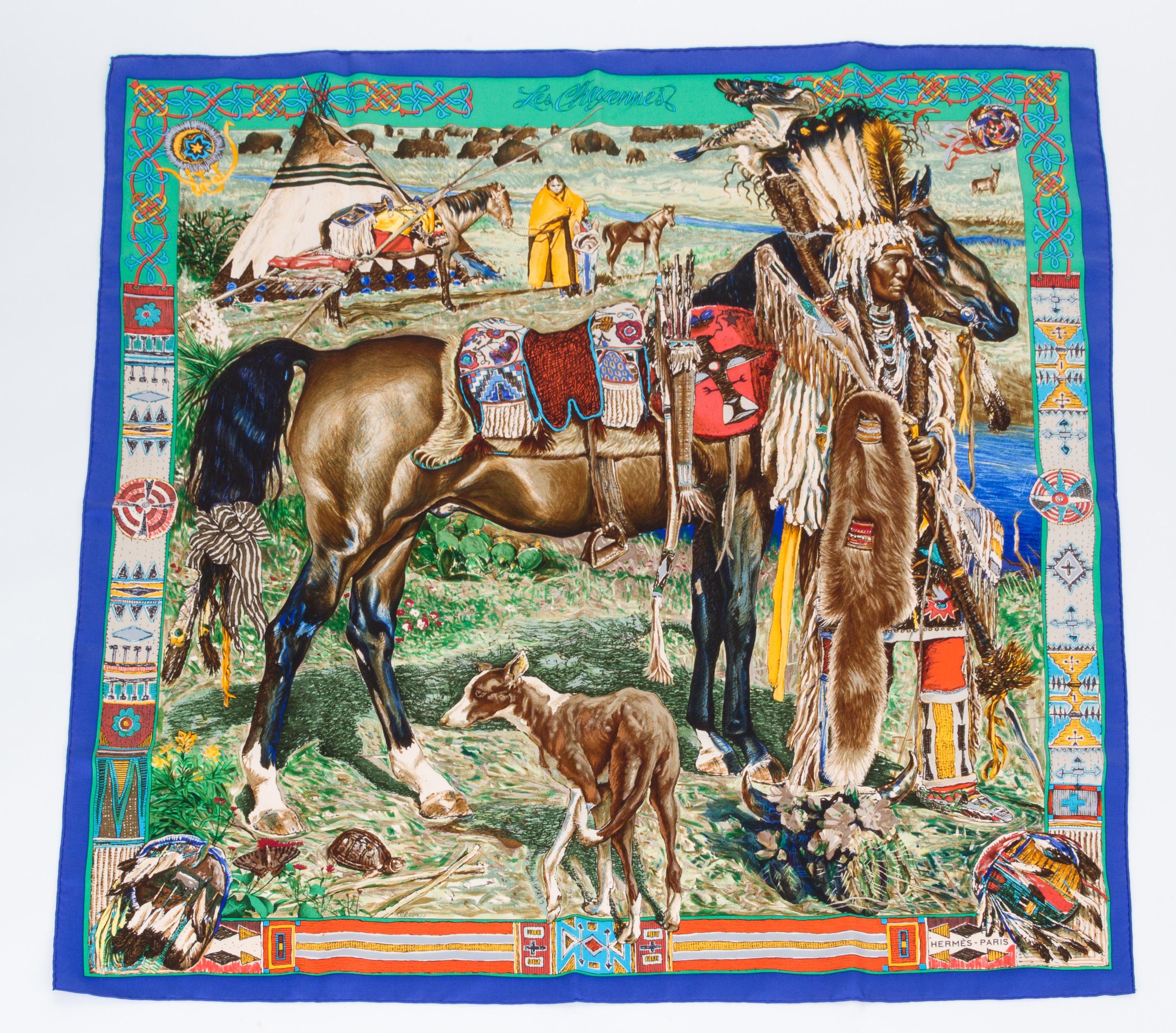 Collectible Hermès Les Cheyennes 100% silk twill scarf by Kermit Oliver. Vibrant colorways depicting a Native American scene. Hand-rolled edges. Comes with original box.
