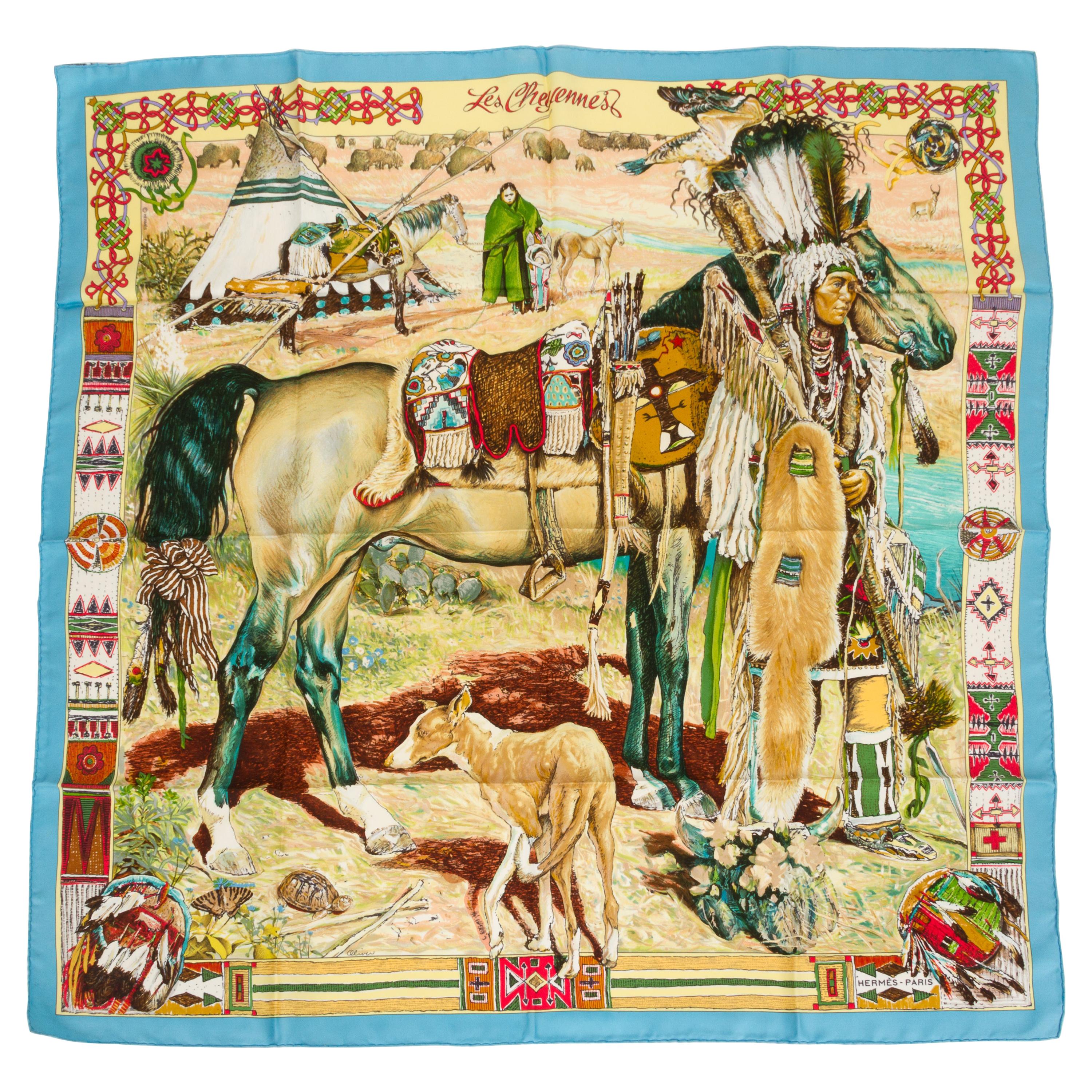 Hermès Les Cheyennes Silk Blue Scarf For Sale