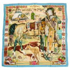 Hermès Les Cheyennes Silk Blue Scarf