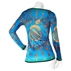 Hermès Les Cles Blue Tassel & Key Print Longsleeve Top circa 1990s