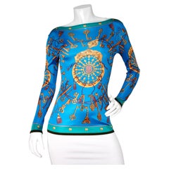 Hermès Les Cles Blue Tassel & Key Print Longsleeve Top circa 1990s