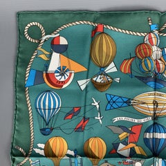 HERMES Les Folies du Ciel Green Silk Pocket Square