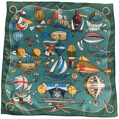 Vintage HERMES Les Folies du Ciel Green Silk Pocket Square