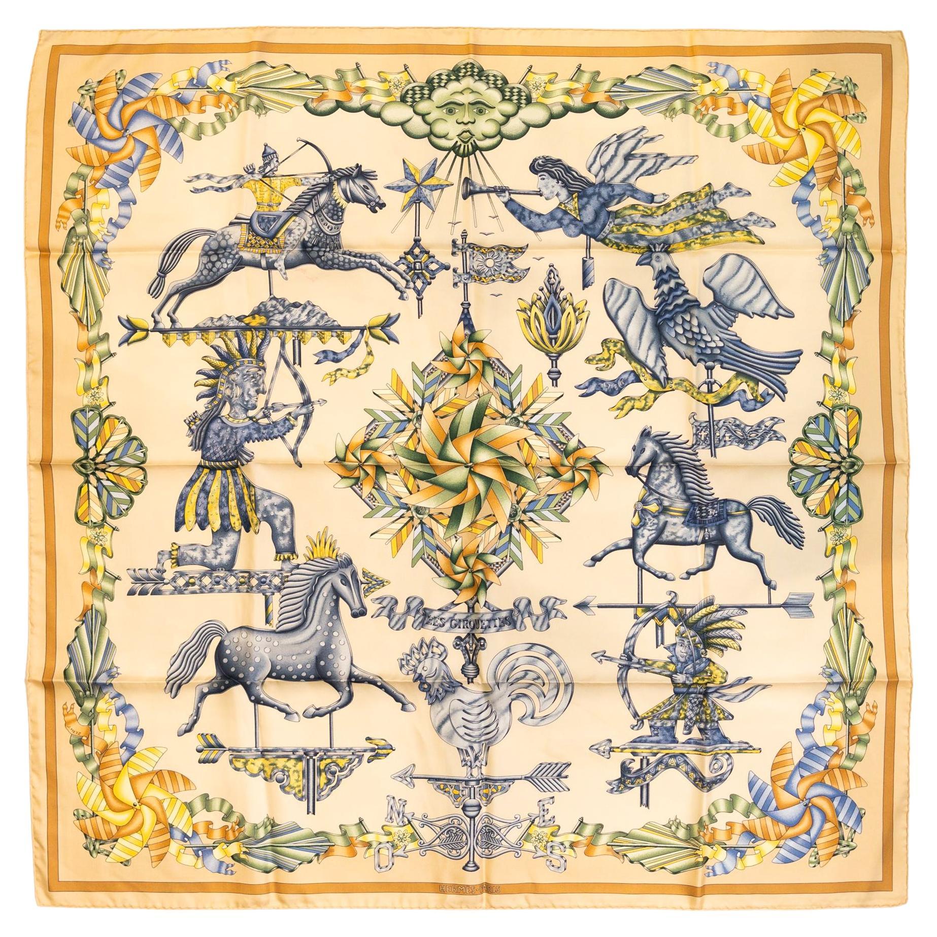 Hermès "Les Girouettes" 90cm Cream Silk Scarf by Joachim Metz, 1999.