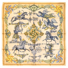 Used Hermès "Les Girouettes" 90cm Cream Silk Scarf by Joachim Metz, 1999.