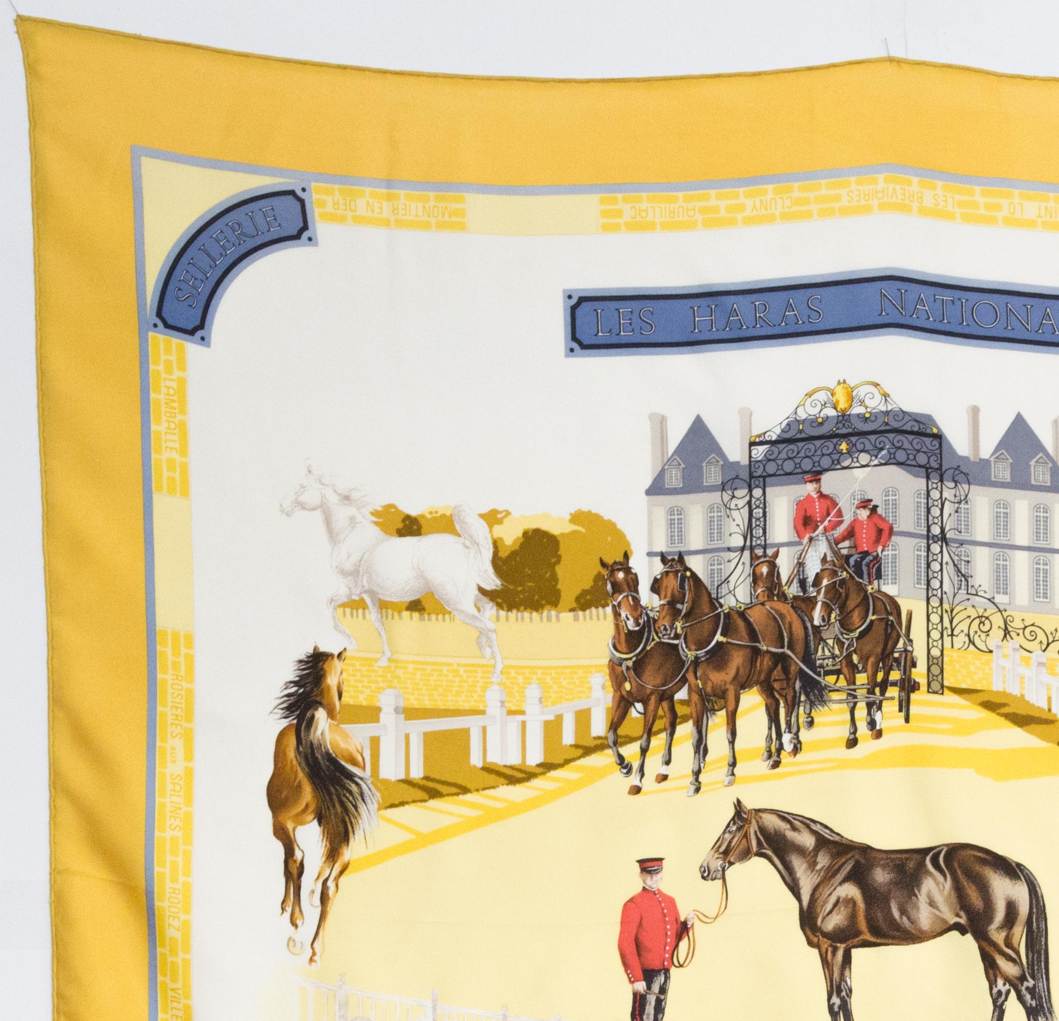 Pañuelo de seda Hermes Les Haras Nationaux by Hubert de Watrigant Blanco en venta