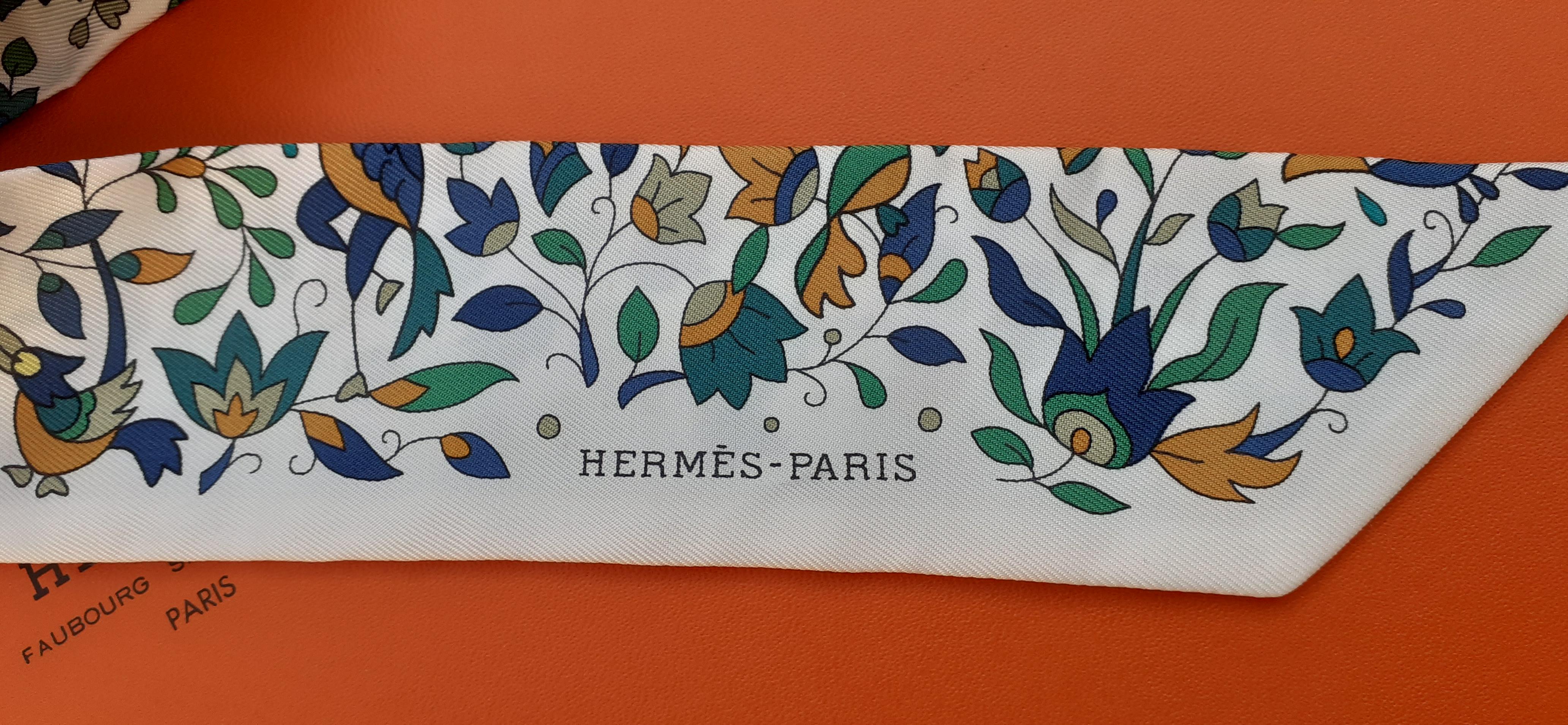 Blue Hermès Les Jardins d'Arménie Twilly Silk Scarf White Karen Petrossian
